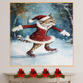 Festive Cougar Ice Skating in Red Santa Dress Whimsical Christmas Wall Art Featuring Wild Cat in Snowy Forest – Holiday Decor for Animal and Winter Art Fans on Ready to Hang 1.5" Thick Canvas Wrap, Floating Framed Canvas, Flat Rolled Canvas